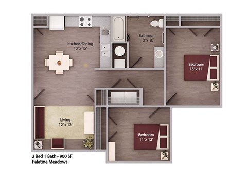 Floor plan for 2 beds, 900 sqft